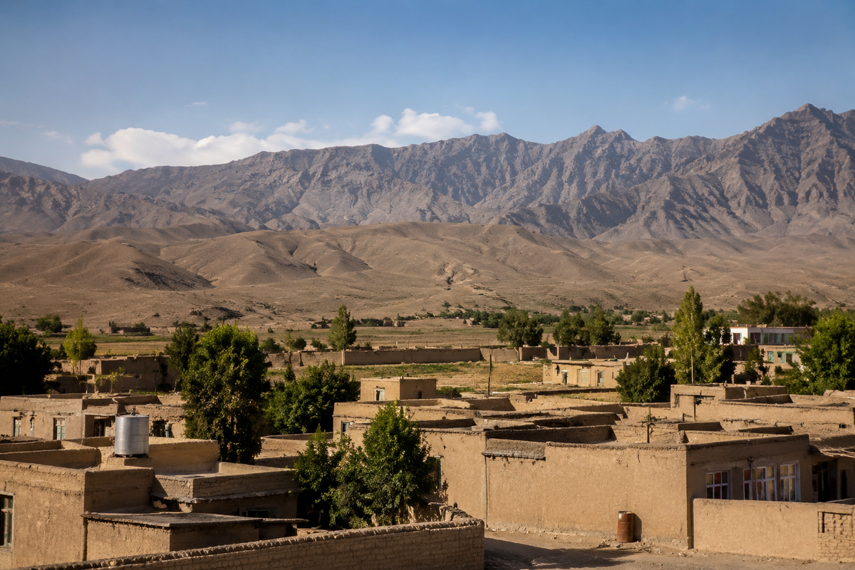 AI-generated illustration of earth-colored buildings beneath rugged Afghan-inspired mountains