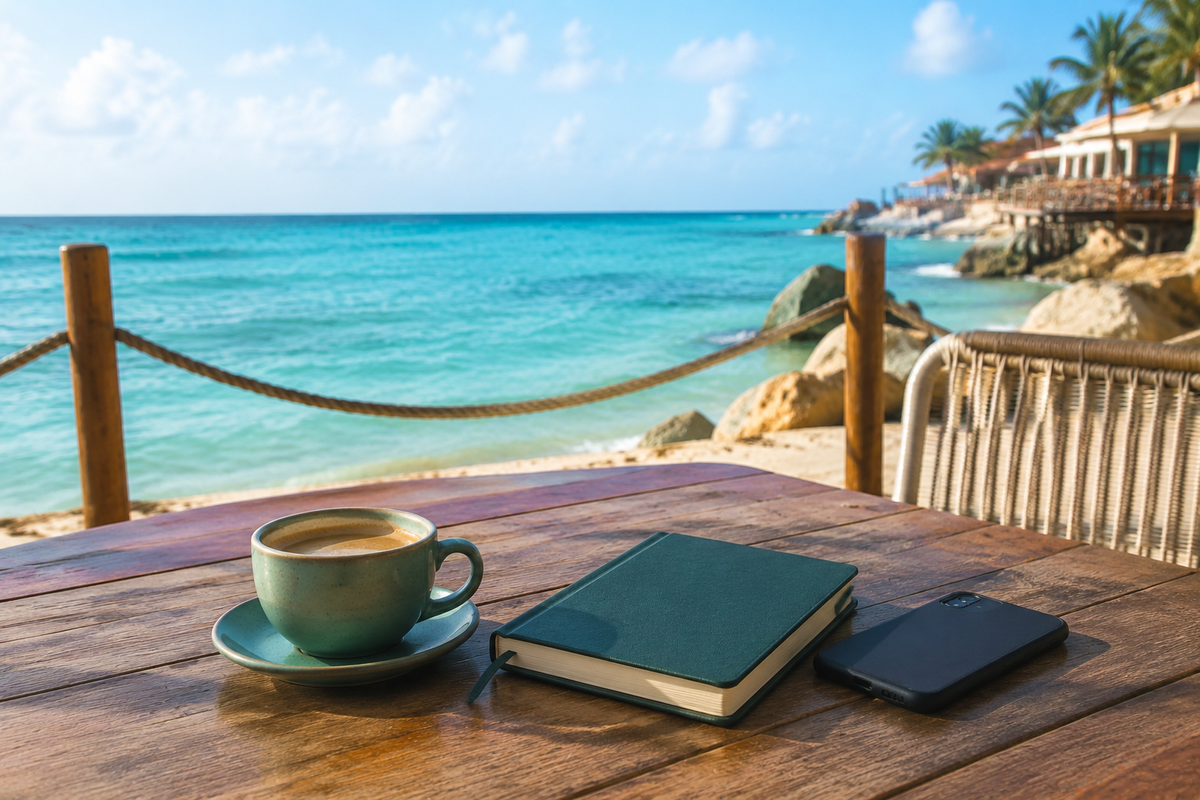 Smartphone and travel notebook on an Aruba seaside cafe table