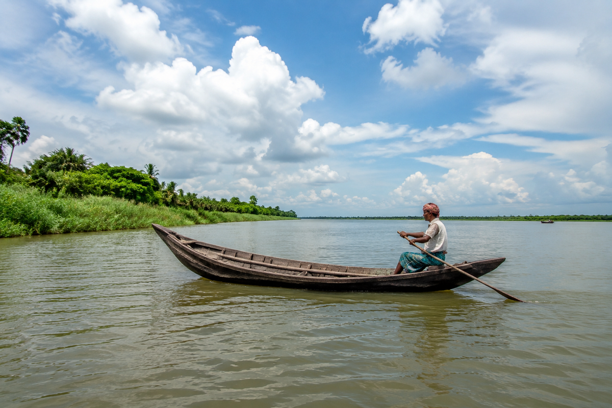 Traditional wooden boat on a river bordered by green countryside in Bangladesh