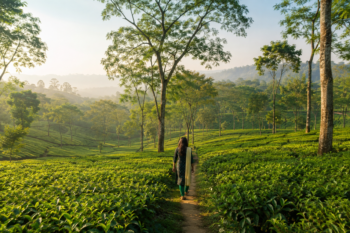 Green tea gardens and shade trees in the Srimangal region of Bangladesh