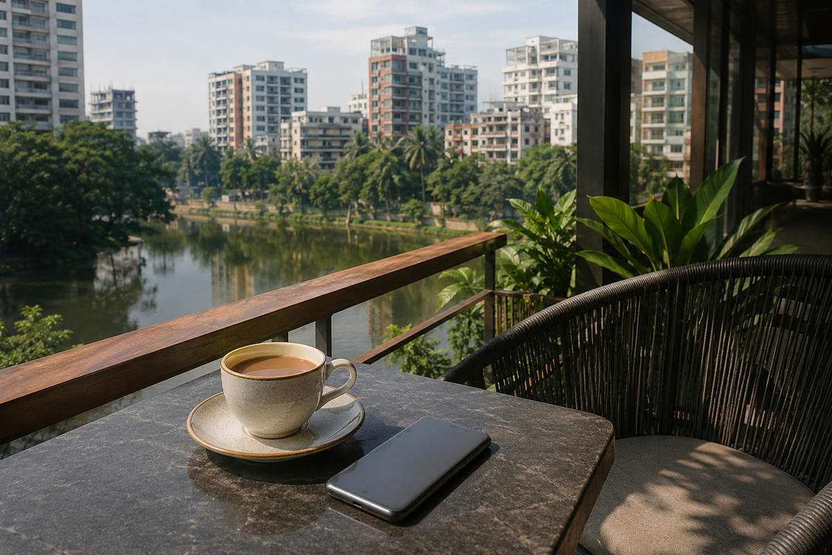Tea and an unbranded smartphone on a leafy Dhaka cafe terrace