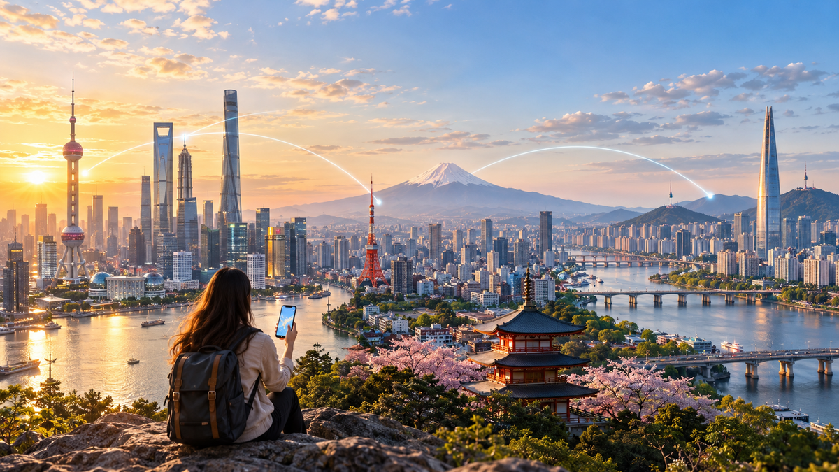 Traveler connected across China Japan and South Korea cityscapes