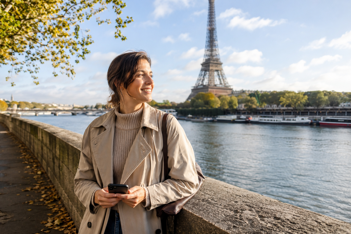 Traveler with a smartphone beside the Seine and Eiffel Tower in Paris