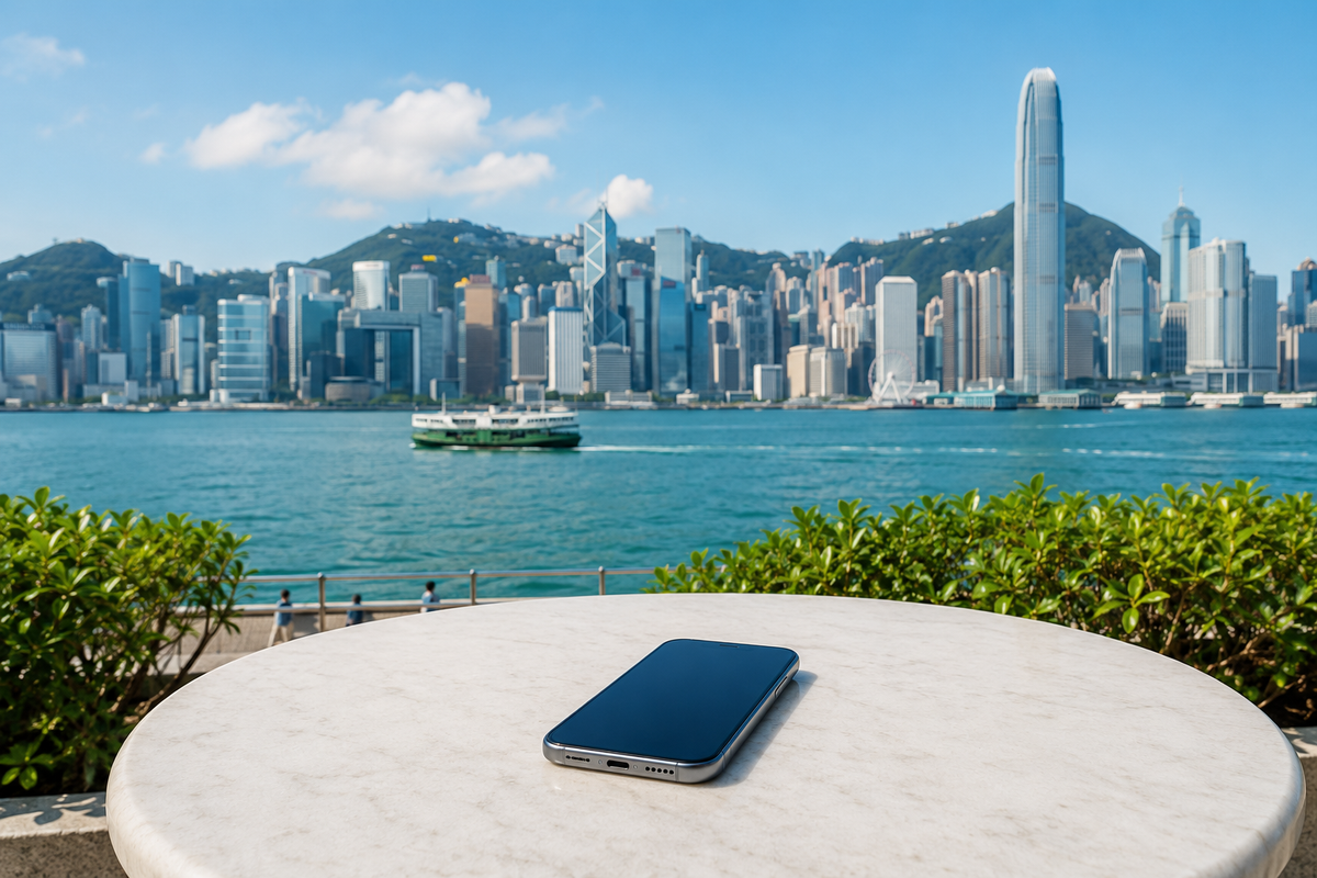 Illustration of a smartphone on a terrace overlooking Hong Kong's Victoria Harbour skyline.