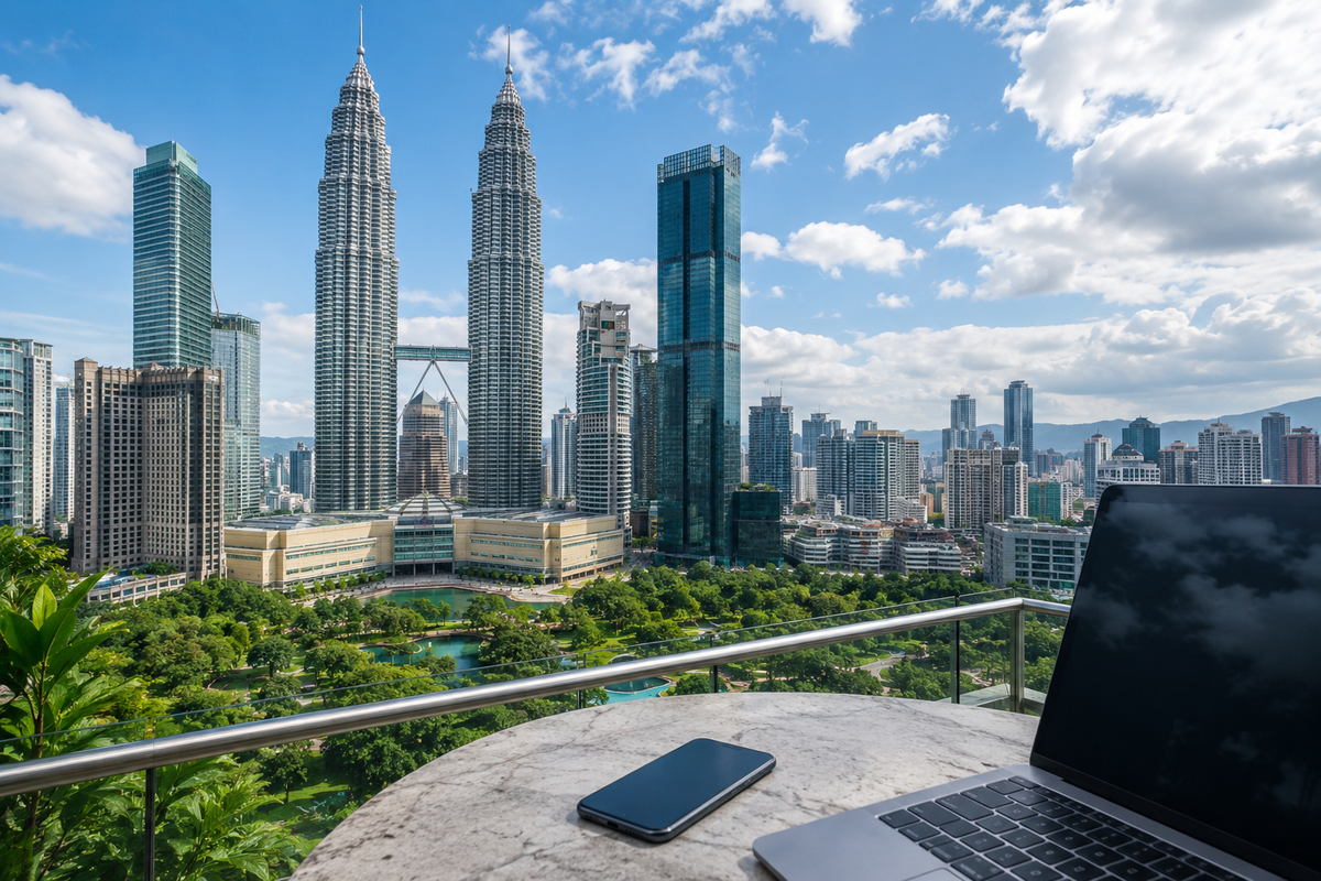 Illustration of a smartphone and laptop overlooking Kuala Lumpur's Petronas Twin Towers.