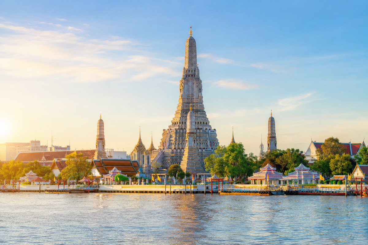 Illustration of Wat Arun beside the Chao Phraya River in Bangkok.