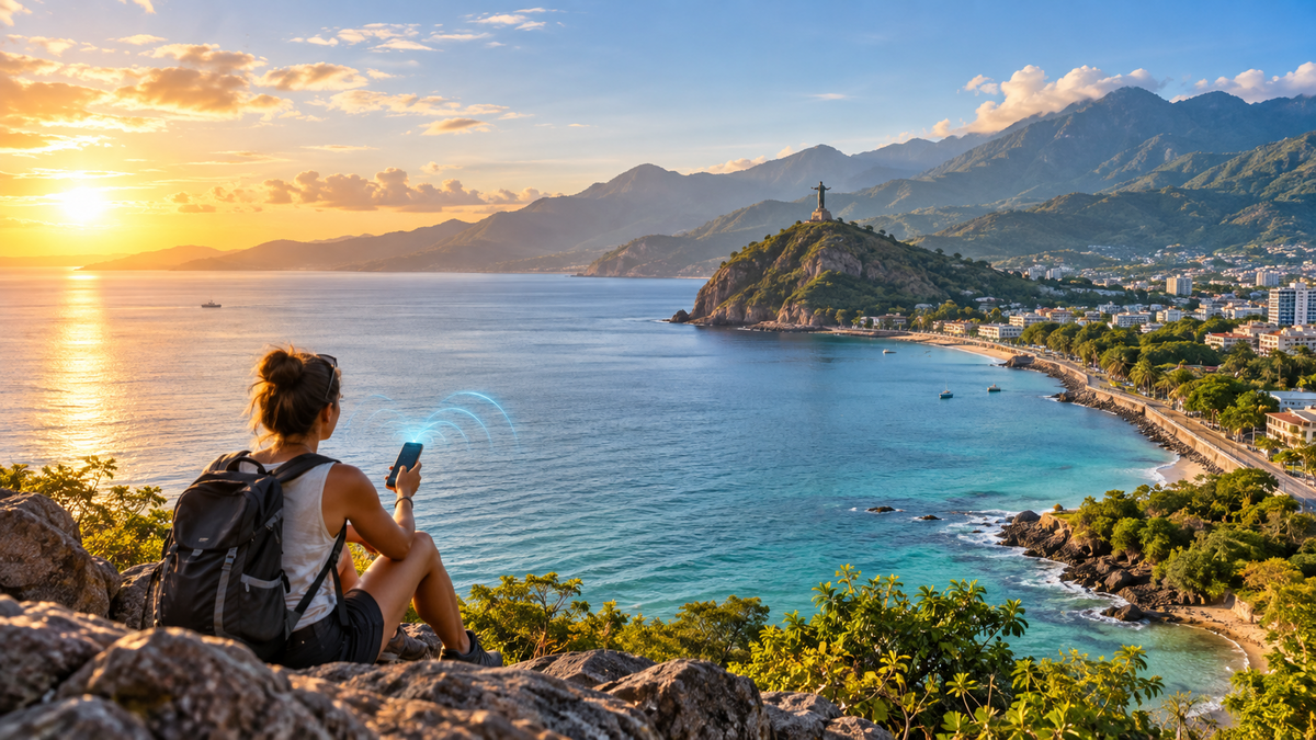 Timor-Leste의 Dili Bay 위의 모바일 데이터를 사용하여 여행자