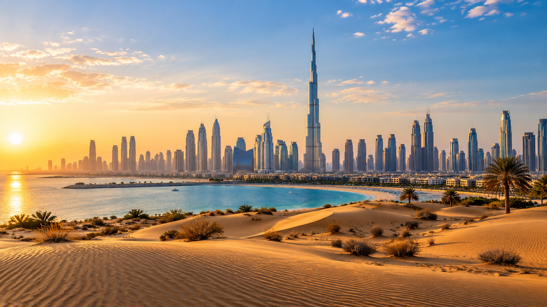 UAE travel eSIM guide featuring Dubai skyline, Burj Khalifa and desert landscape