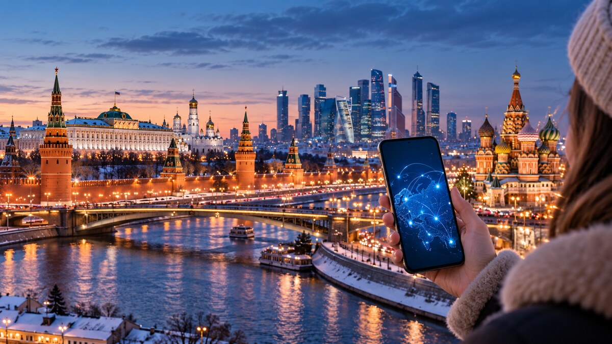 Traveler using a smartphone overlooking Moscow