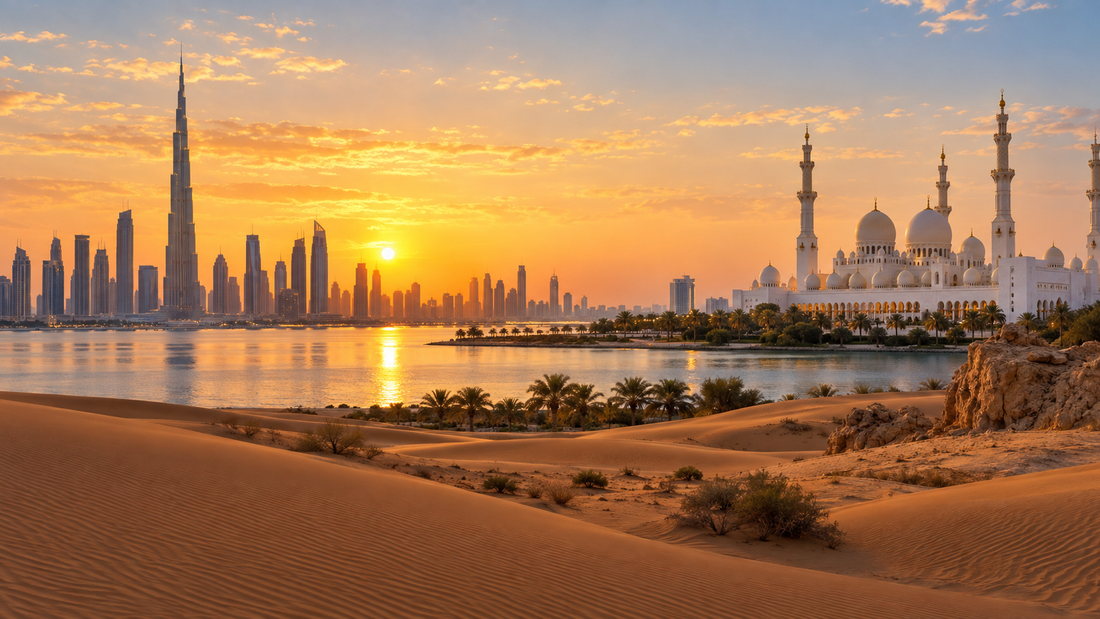 Dubai skyline and Sheikh Zayed Grand Mosque representing a seven-day UAE trip