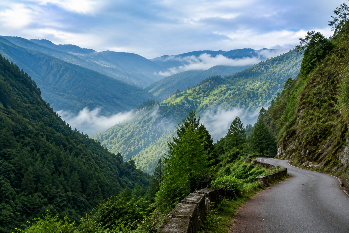 AI-generated Bhutan-inspired mountain road winding through forested hills