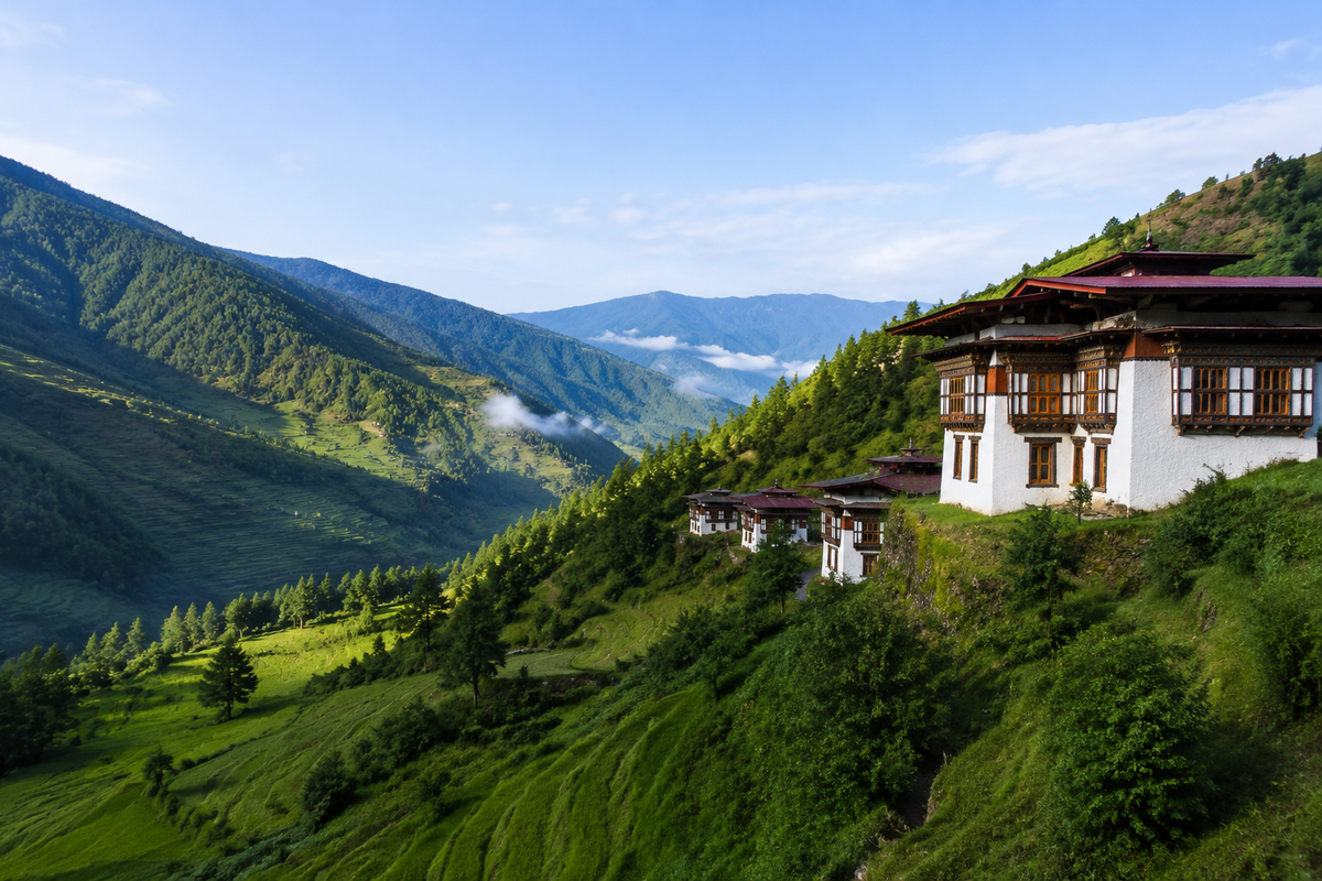 AI-generated Bhutan-inspired valley with traditional houses and forested hills