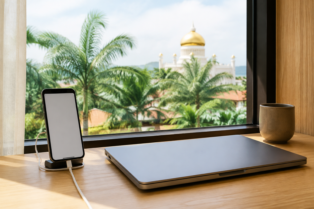 Phone and laptop on a desk overlooking tropical greenery