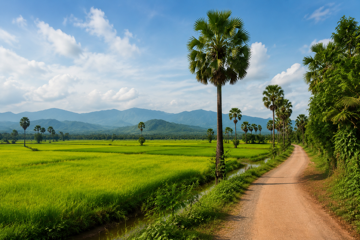 Illustrative Cambodian countryside with rice fields, palms and a rural road