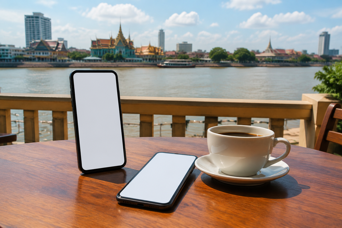 Two unbranded phones on a riverside cafe table in an illustrative Phnom Penh scene