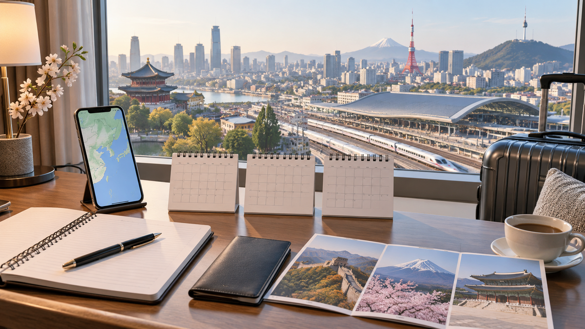 Travel planning desk for choosing a China Japan South Korea eSIM duration