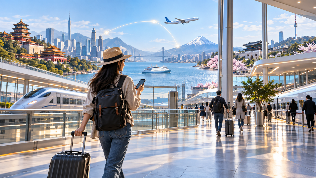 Traveler moving through East Asia with rail air and ferry connections