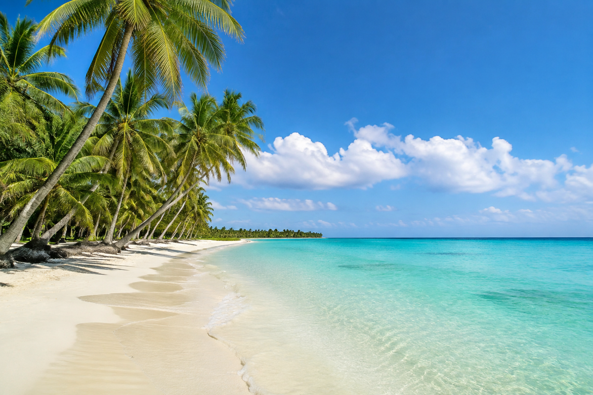 Illustrative Punta Cana-style white sand beach with palms and turquoise water