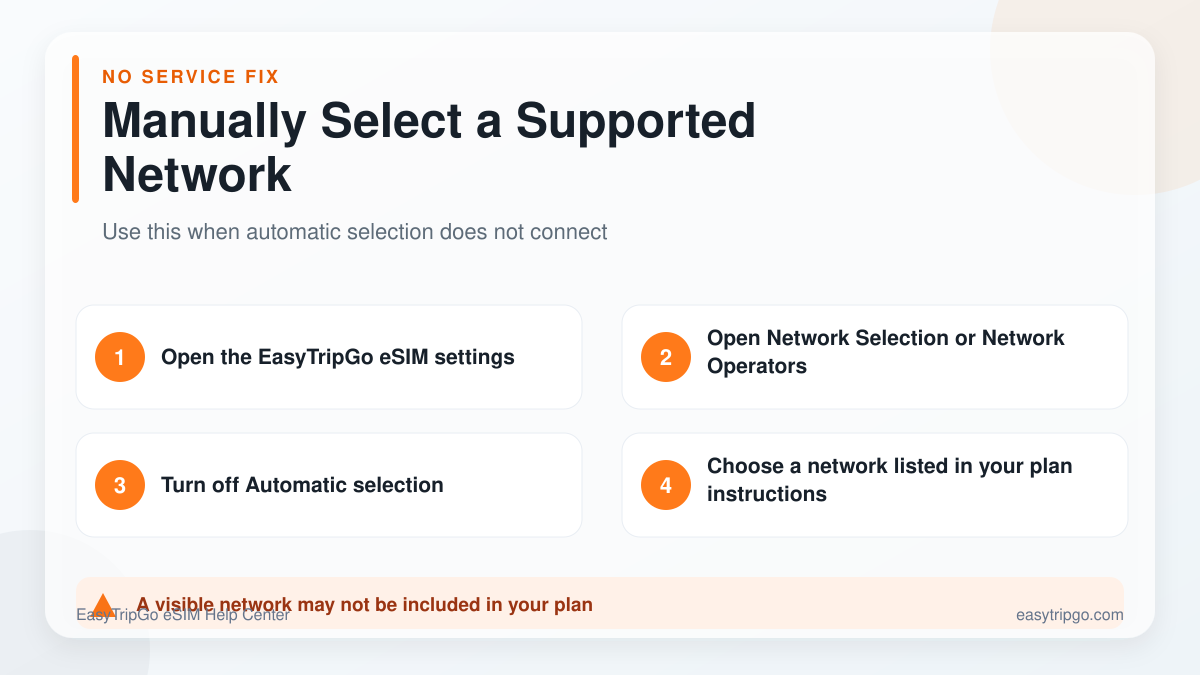 Steps to manually select a supported mobile network for an eSIM