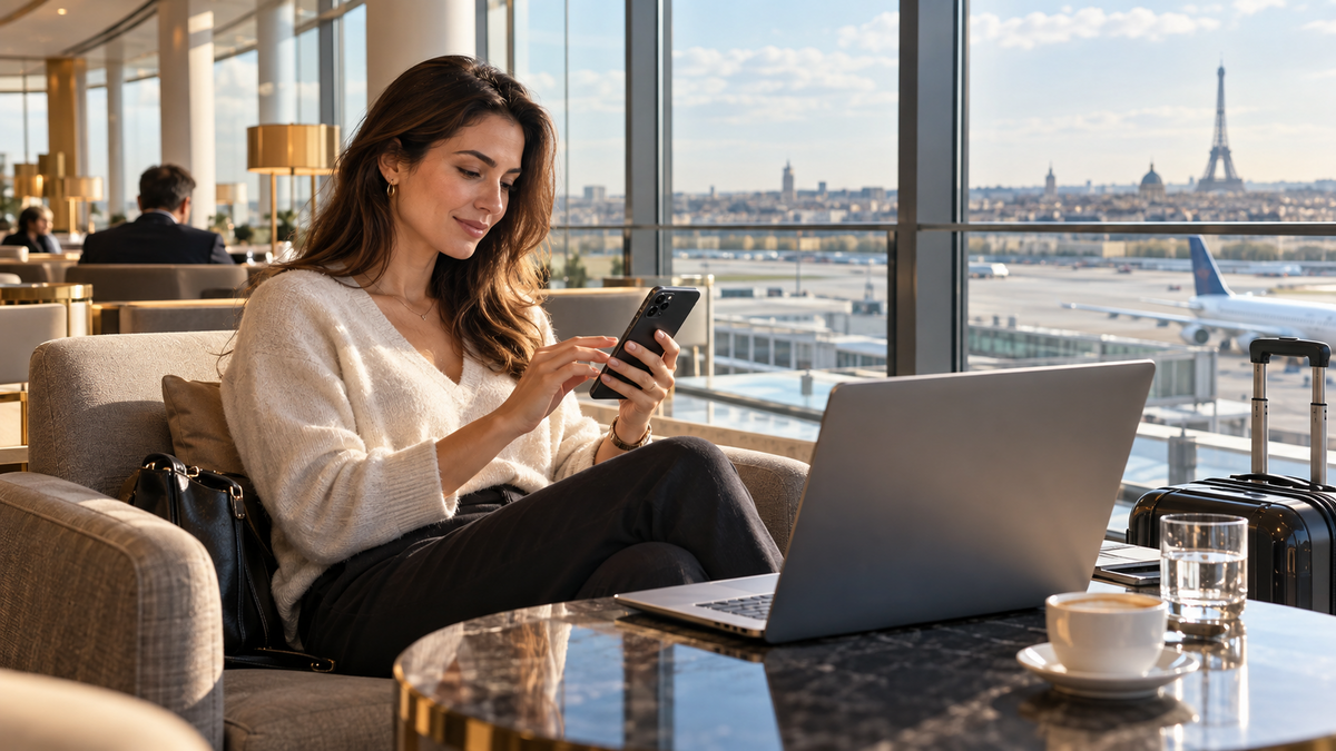 Traveler configuring a phone and laptop in a Paris airport lounge