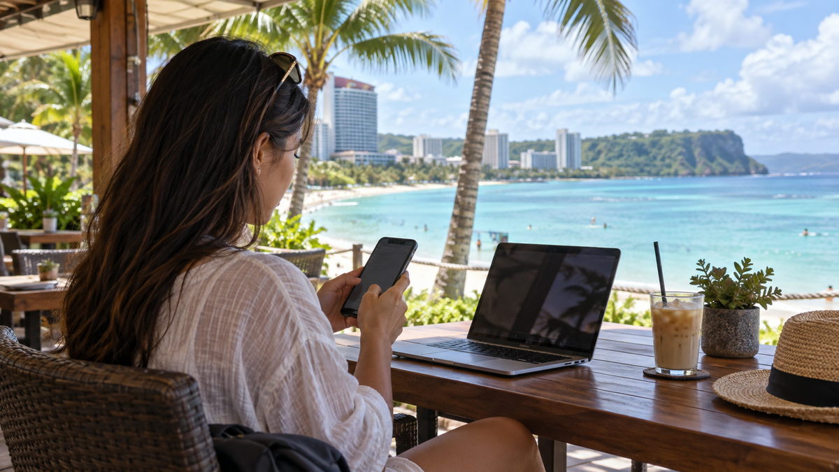 Traveler using a phone and laptop beside Tumon Bay for the Guam eSIM setup guide