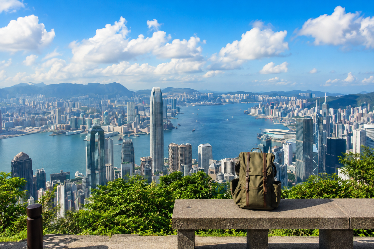 Illustration of a travel backpack at a Victoria Peak viewpoint overlooking Hong Kong.
