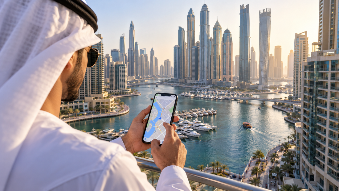 Traveller using mobile maps overlooking Dubai Marina
