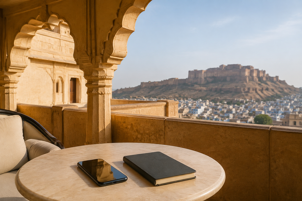 Phone and notebook on an Indian heritage-style hotel terrace