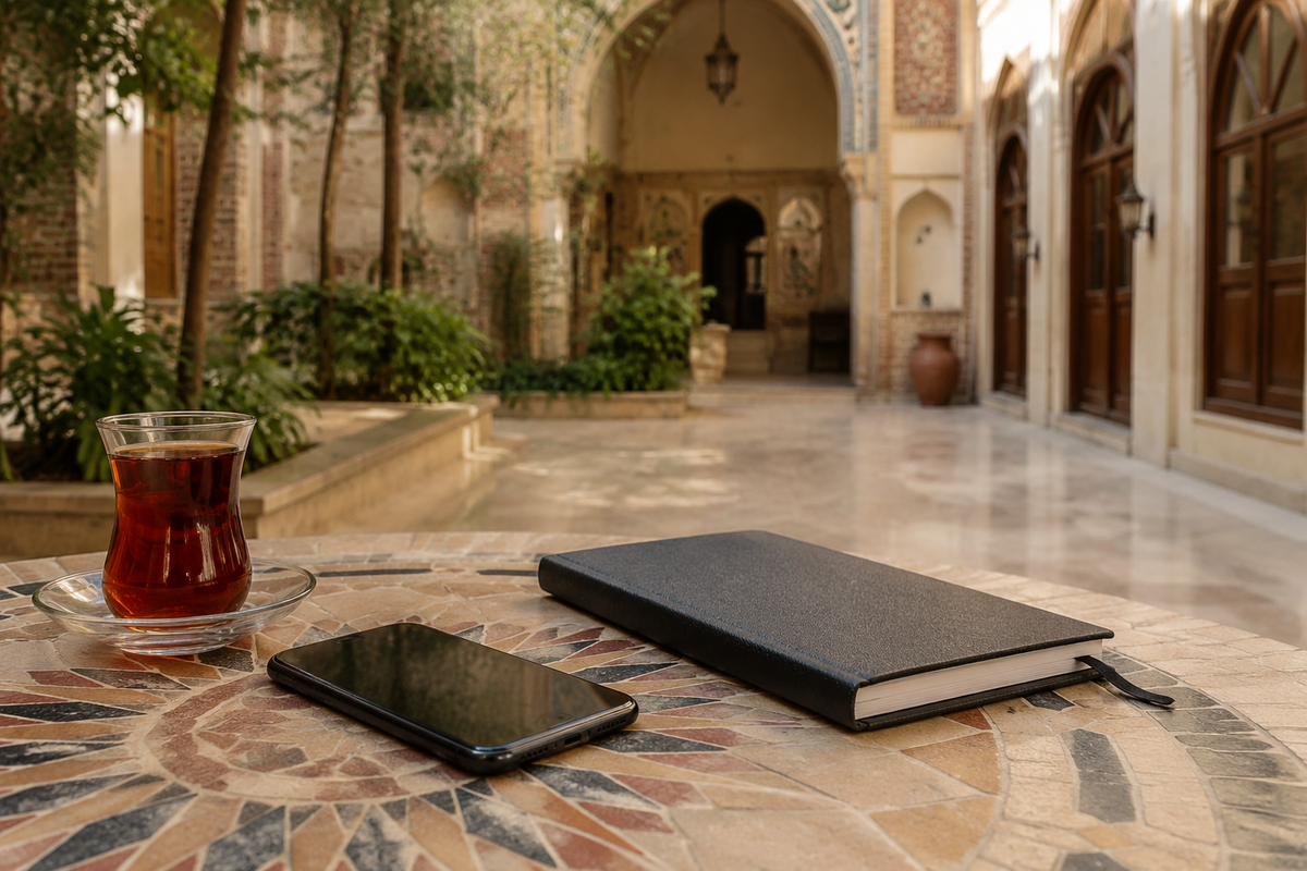 Phone and notebook beside tea in an Iraqi-style courtyard