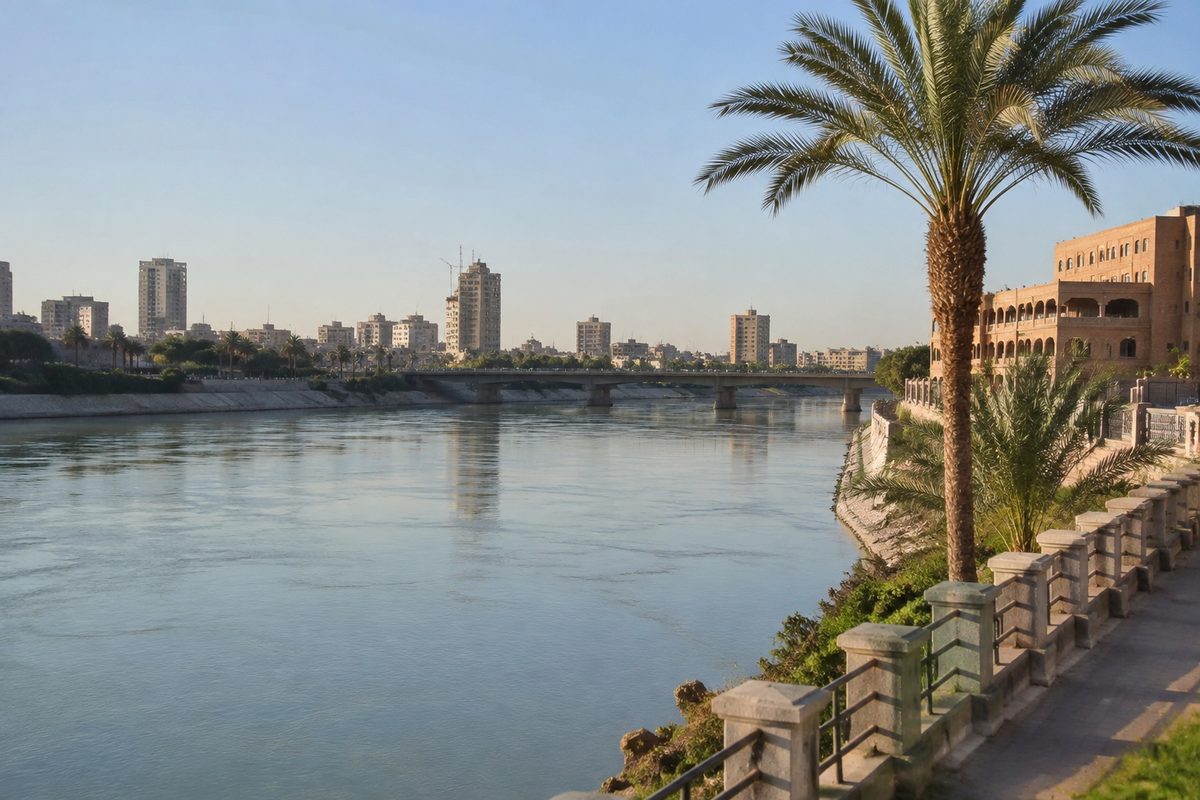 Illustrative Baghdad-inspired riverfront with date palms and brick buildings