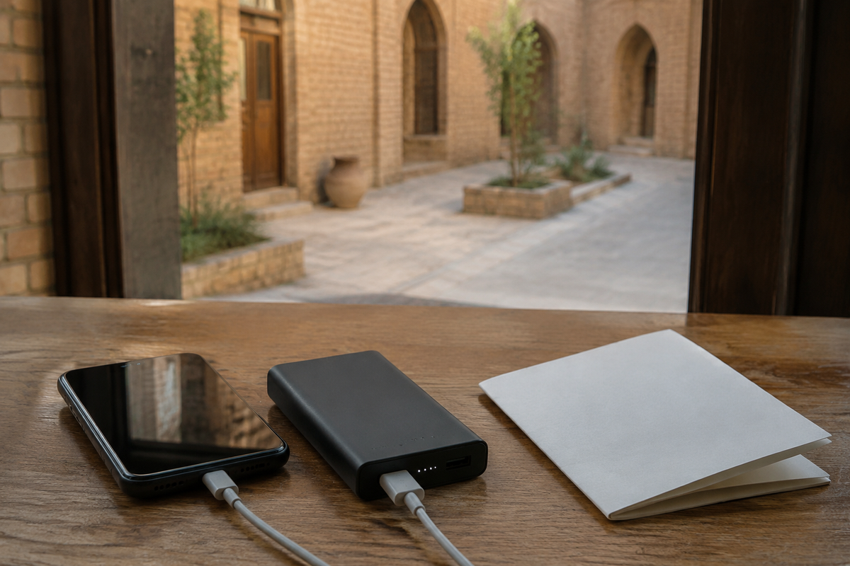Phone and power bank on a table beside an Iraqi-style courtyard