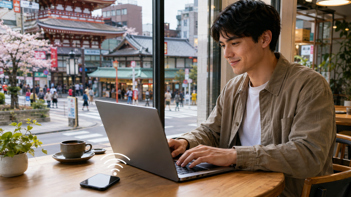 Traveler sharing a Japan eSIM hotspot with a laptop in a Tokyo cafe