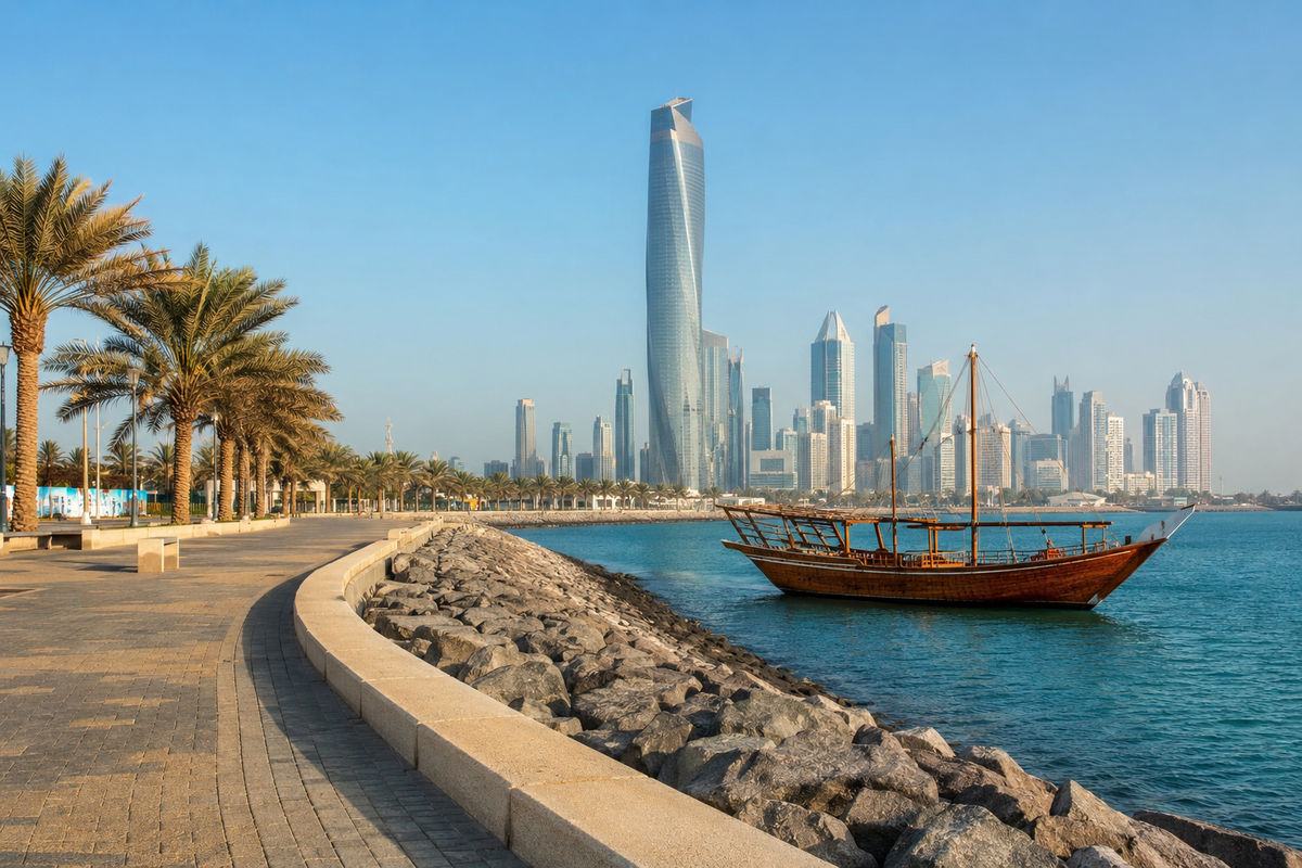 Traditional dhow and Kuwait City skyline beside the waterfront