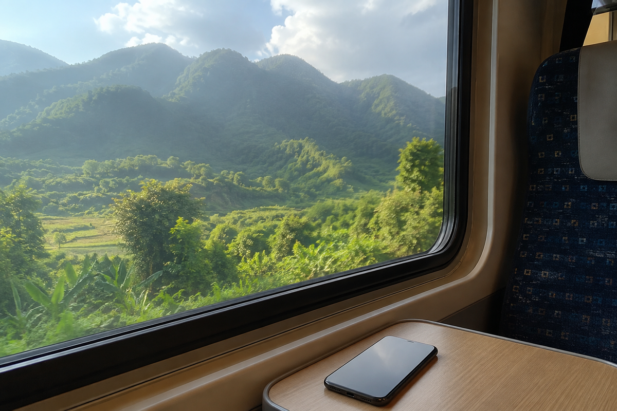 Illustrative view of green Laos hills from a train window with a phone on the table