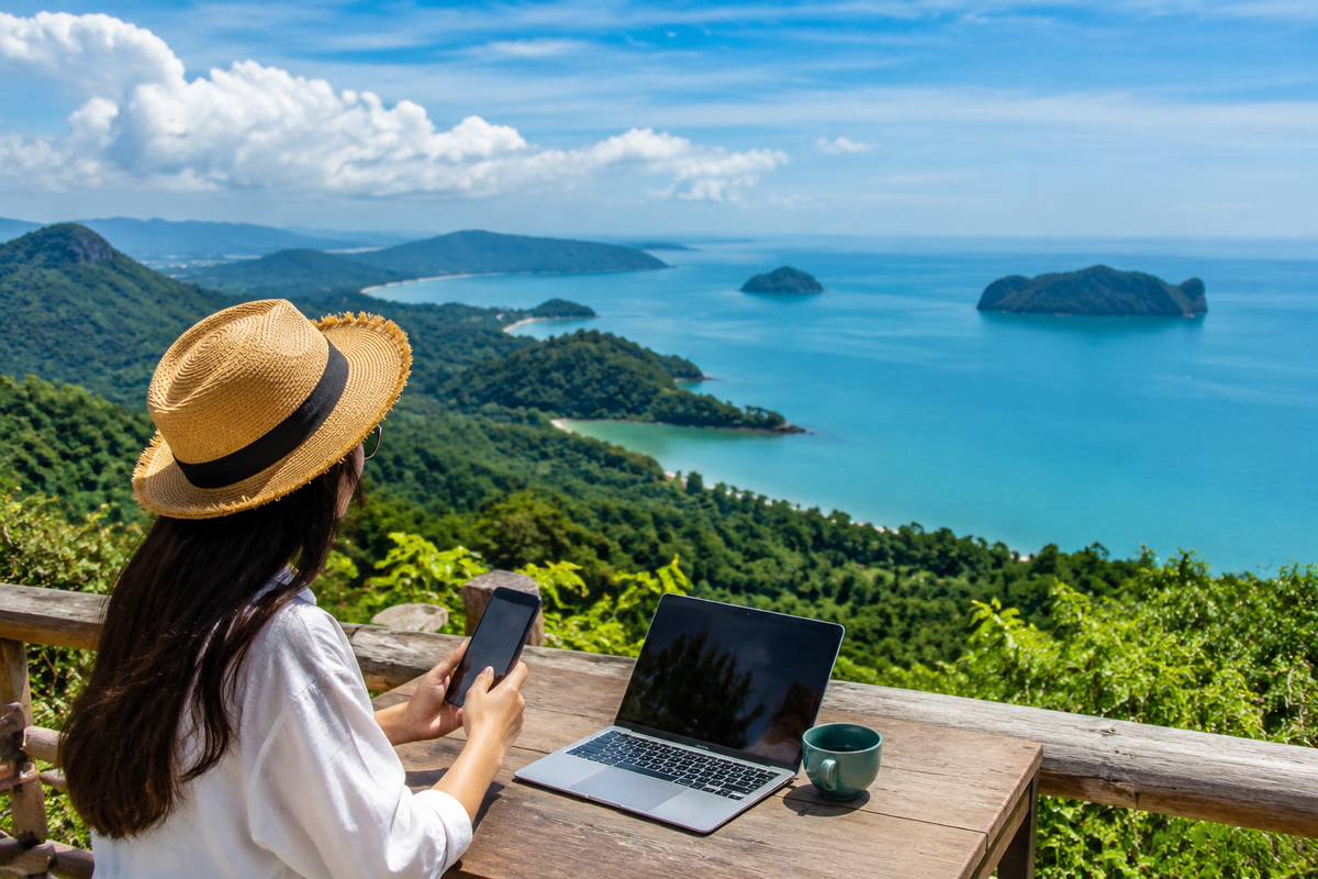 Illustration of a traveler with digital devices at a scenic Langkawi coastal lookout.