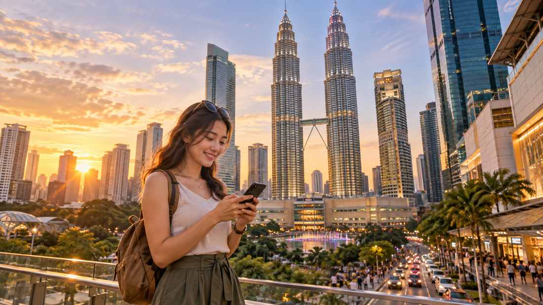 Traveler using a smartphone near the Kuala Lumpur skyline at sunset