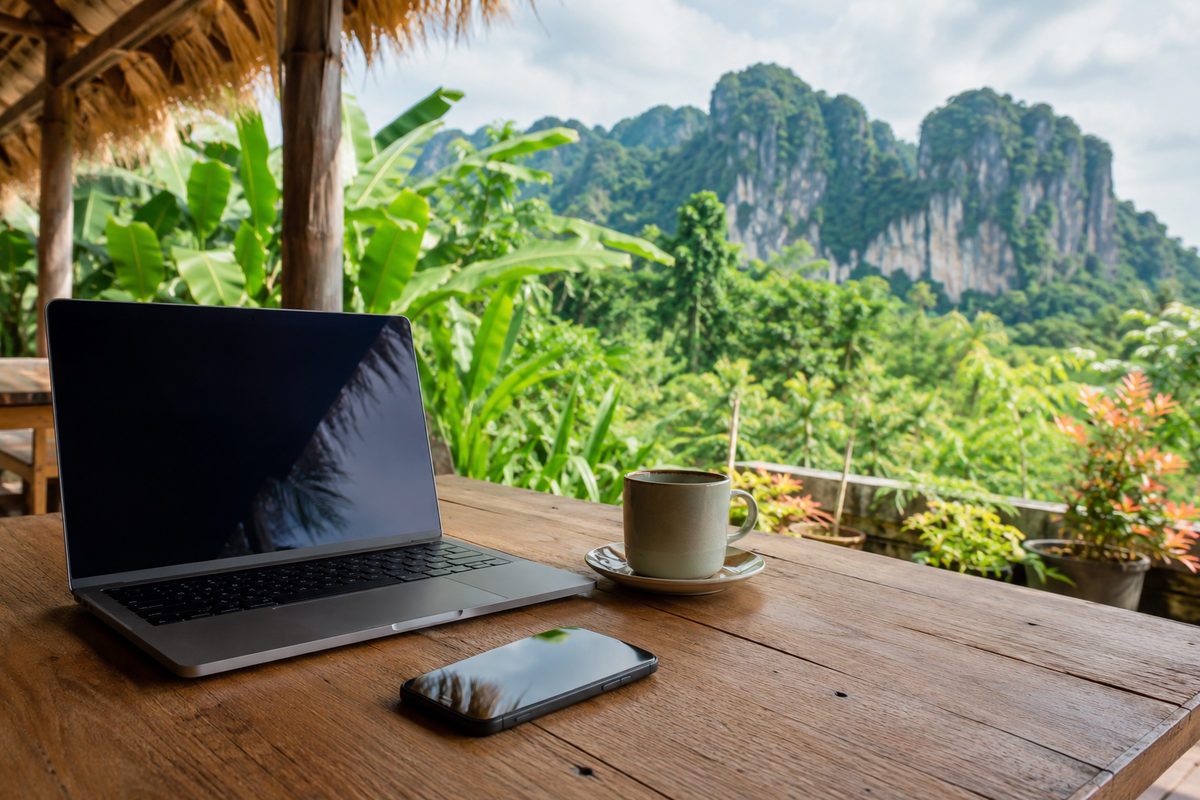 Illustration of a laptop and smartphone on a tropical Malaysian cafe terrace.