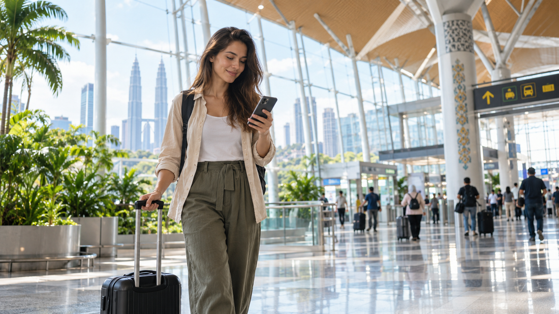 Traveler using a smartphone in a bright Kuala Lumpur airport arrival hall