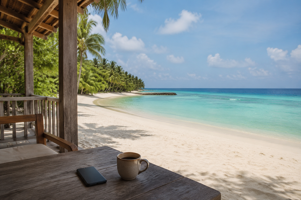 Coffee and smartphone on an island guesthouse terrace beside a Maldives beach