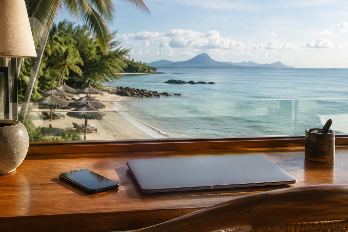 Phone and laptop on an airy seaside hotel desk