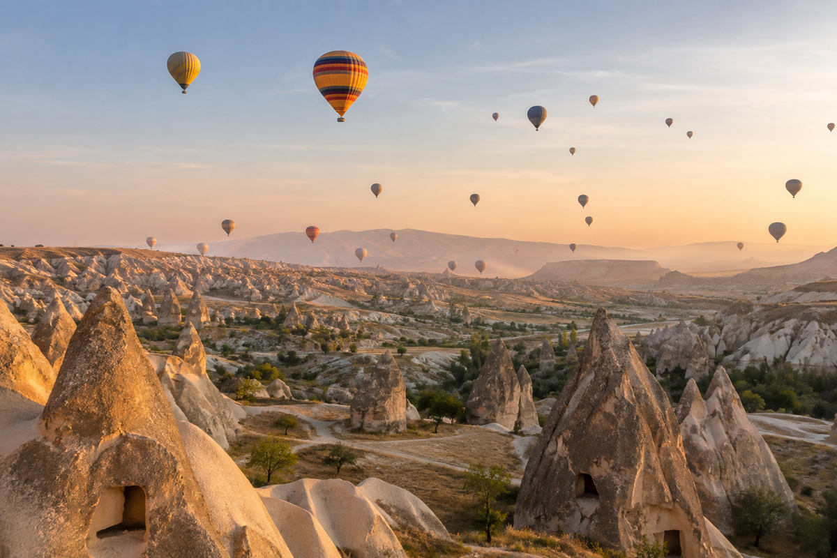 Hot-air balloons above the rock formations of Cappadocia in Turkey