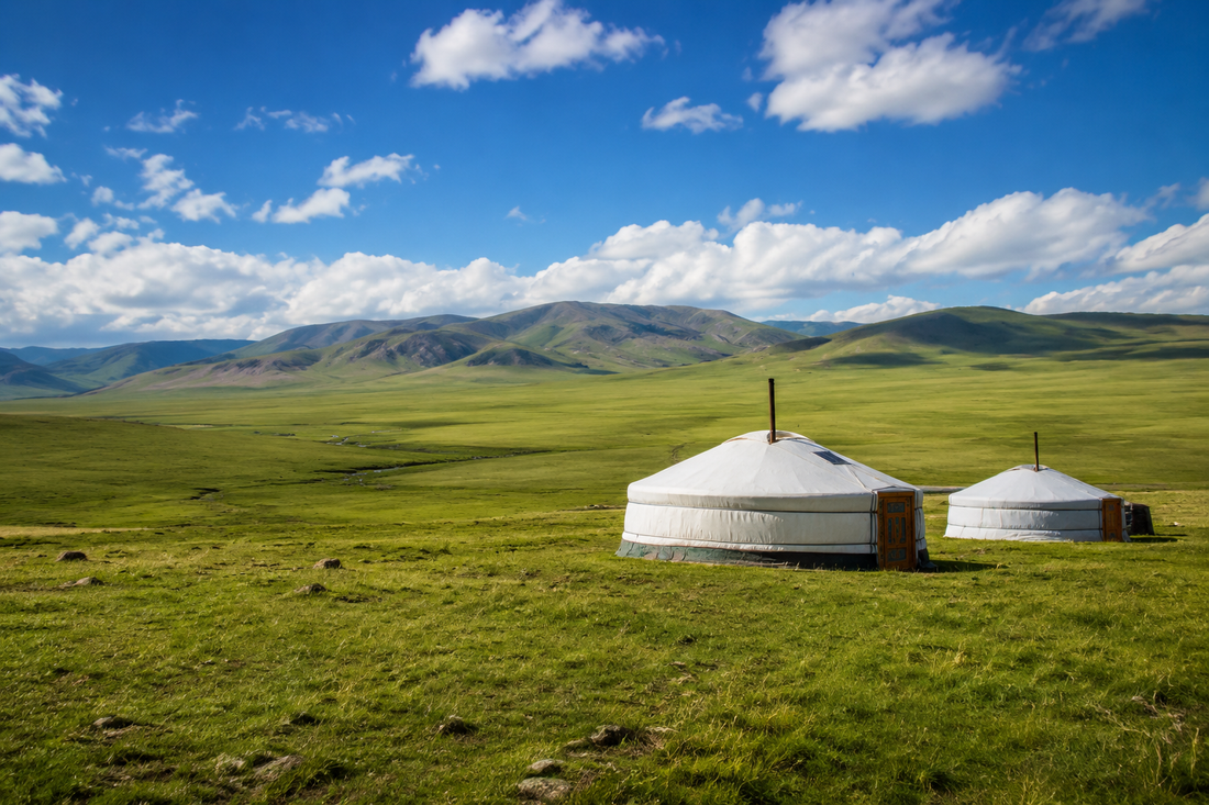 Illustrative Mongolian grassland with traditional white ger tents