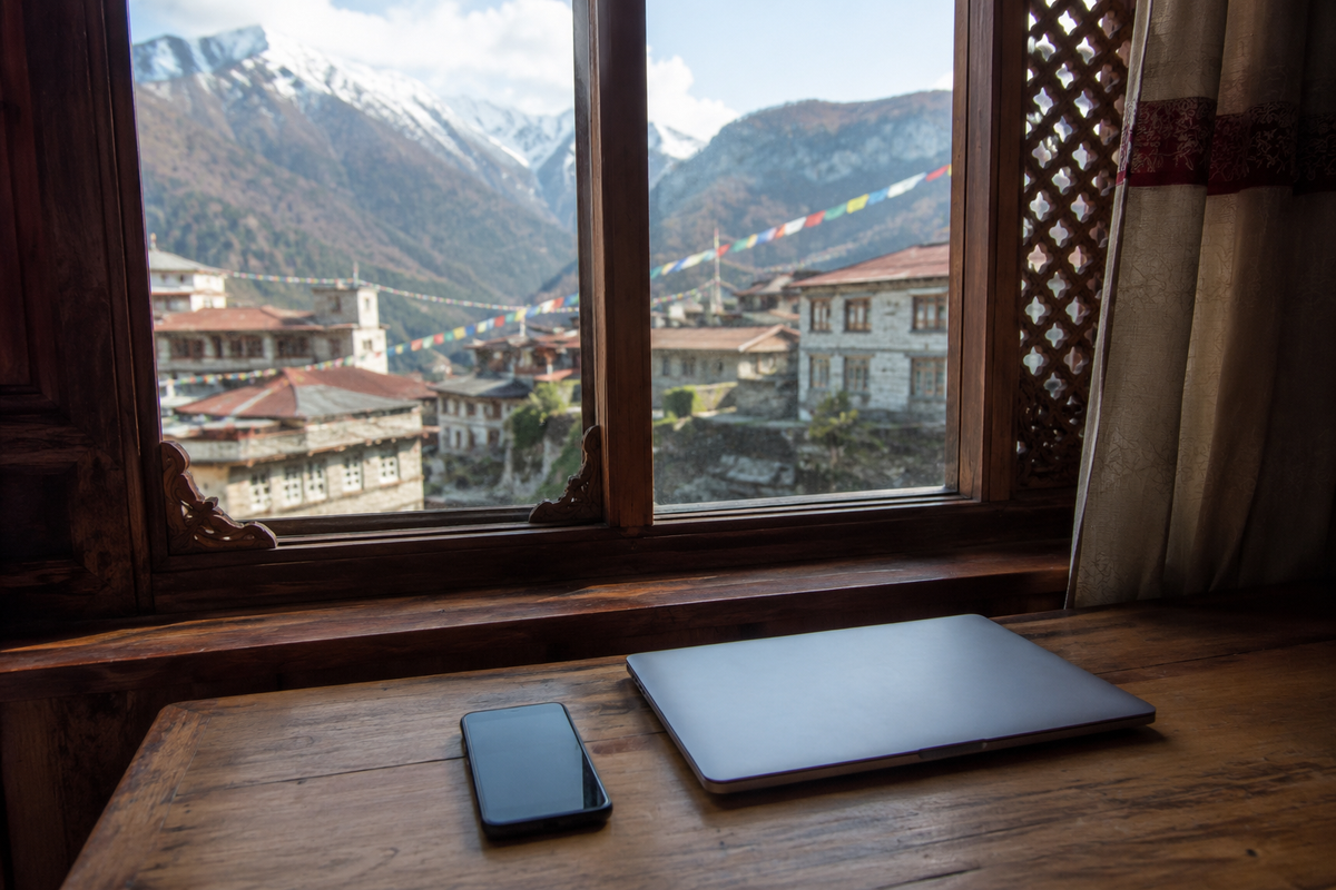 Unbranded phone and laptop on a Nepal-inspired guesthouse desk
