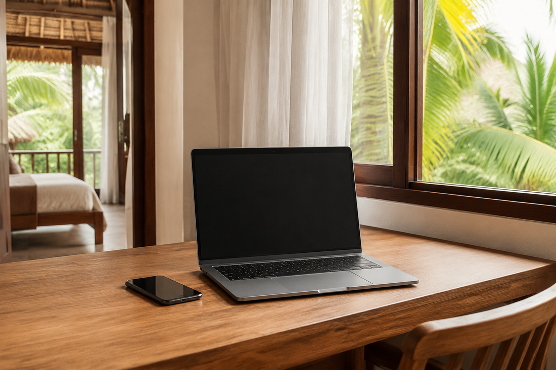 Unbranded phone and laptop on a bright tropical guesthouse desk