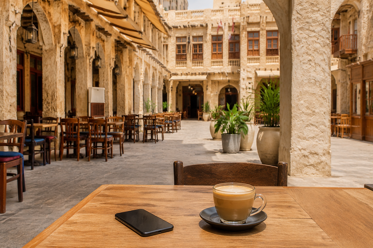Smartphone and coffee on a traditional Doha courtyard cafe table