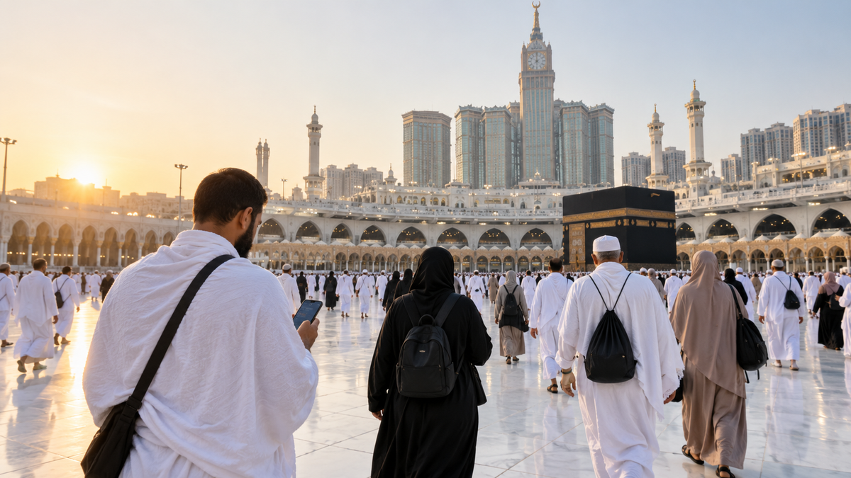 Pilgrims arriving at the Grand Mosque in Mecca with a traveler checking a smartphone