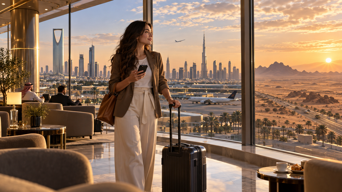 Traveler planning a multi-country Middle East itinerary from an airport lounge