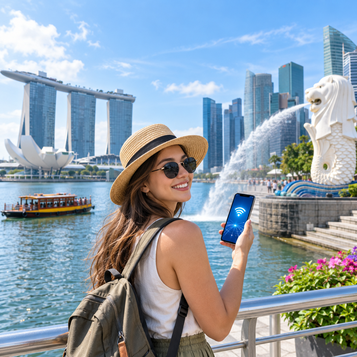 Traveler using a Singapore eSIM near Marina Bay and the Merlion
