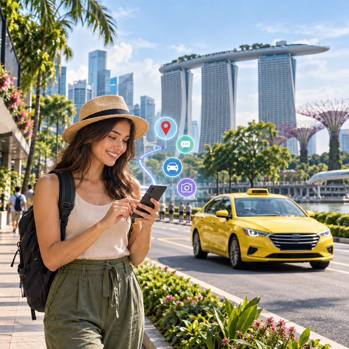 Traveler using maps and mobile apps with a Singapore eSIM