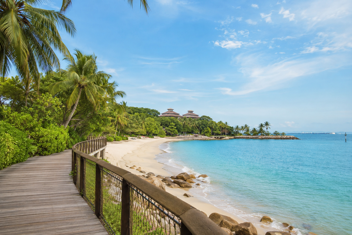 Illustration of a palm-lined beach and coastal walkway on Sentosa, Singapore.